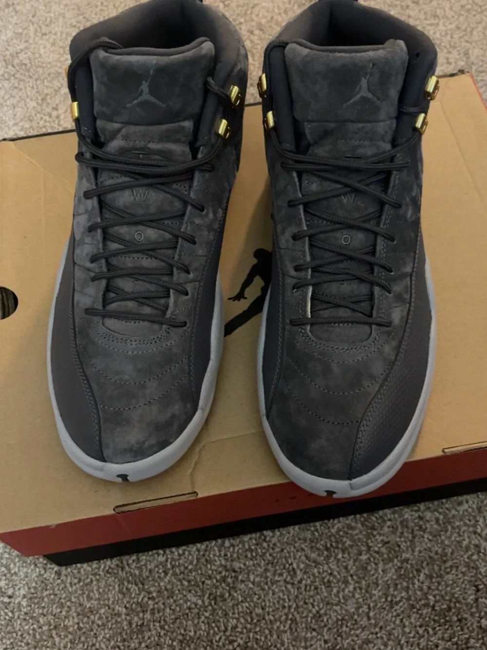 Jordan Men's Dark Grey and Black Suede Sneakers with Gold Accents